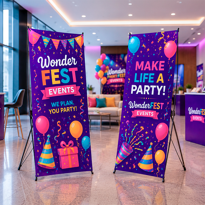 Illustrative printed event banners in a venue